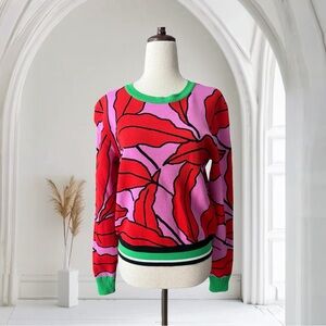 Diane Von Furstenberg Paskavan Leaf-print Cropped Sweater In Candy Red Multi